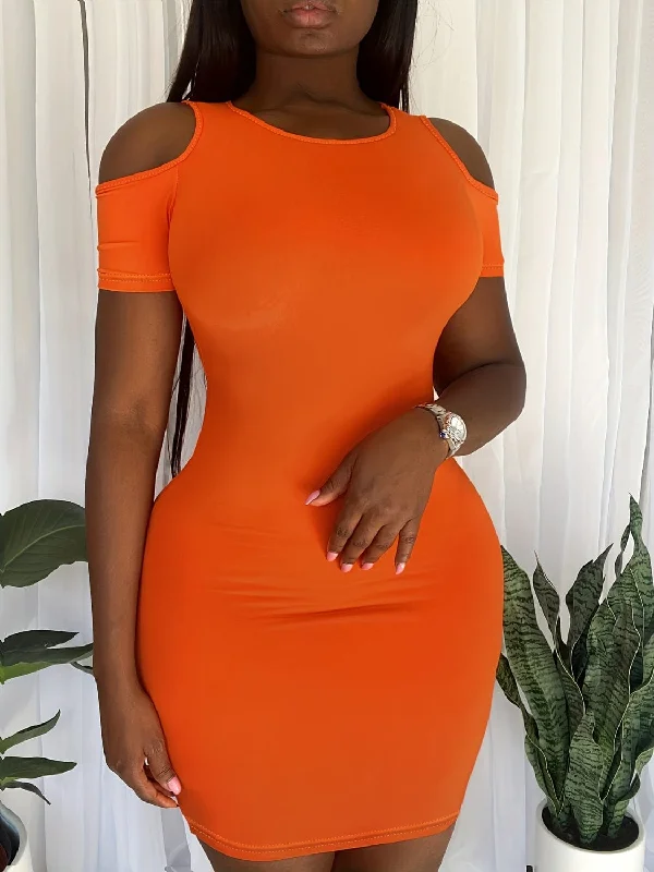 Plus Size Orange Cut-Out Cold Shoulder Short Sleeve Mini Dress Chic Tropical Mini Dress