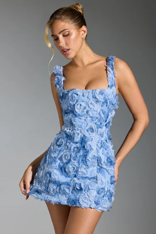 Floral-Appliqué Corset Mini Dress in Blue Chic Pleated Mini Dress