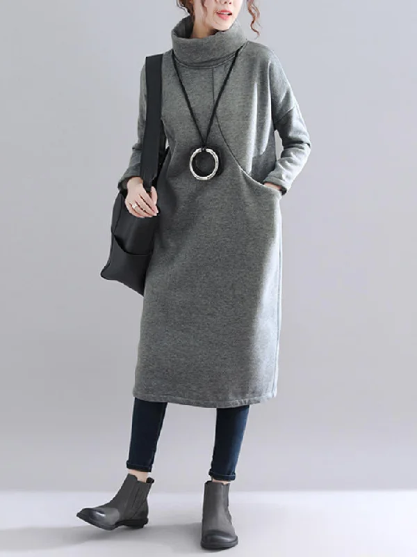 Pure Color Turtleneck Loose Long Sleeve Causal Sweatshirt Women Midi Dress Hoodie with Button Placket Classic Preppy