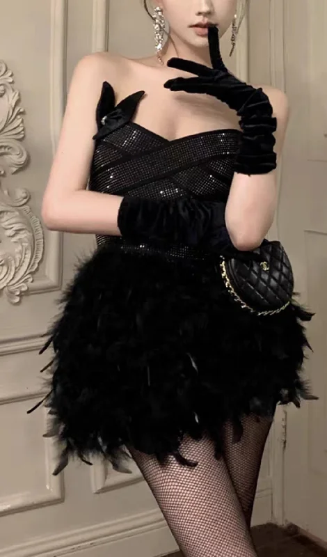 RHINESTONE FEATHER STRAPLESS MINI DRESS IN BLACK Elegant Sequin Mini Dress