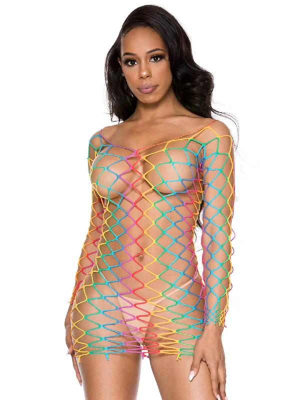 Scoop Neck Whale Net Rainbow Mini Dress Fashionable Mini Dress with Slits