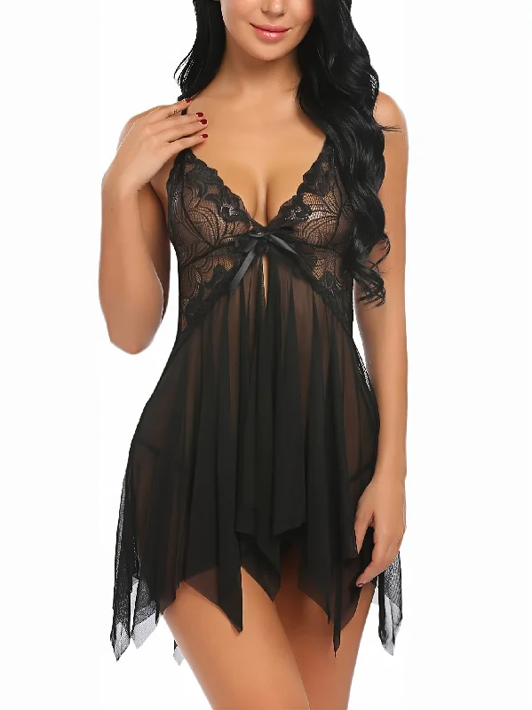 Sexy Floral Lace Guaze Babydoll Solid Color V Neck Mesh Mini Dress Chemise Cozy Knit Mini Dress