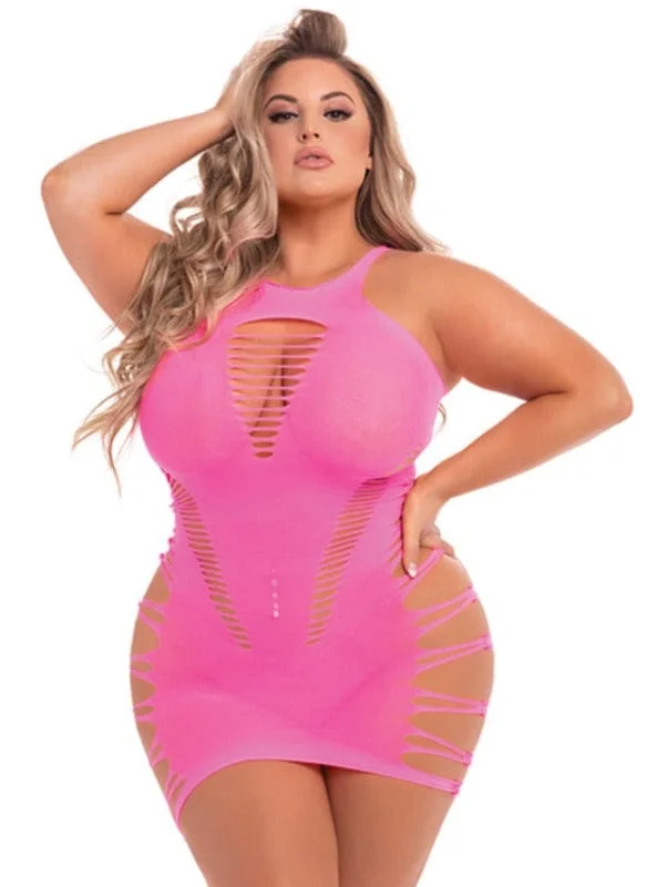 Sexy Plus Size Pink Back 2 Basixxx Hi-Neck Cut Out Slash Mini Dress Classic Striped Mini Dress