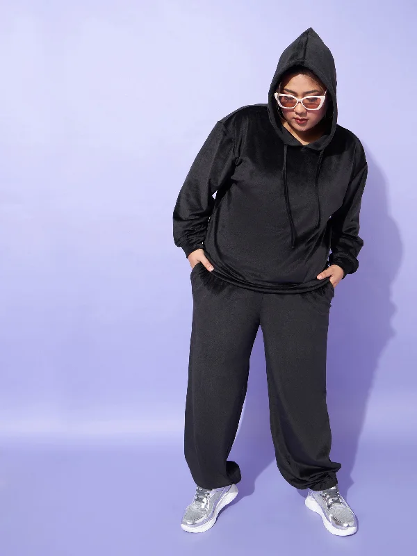 Women Black Velour Hoodie With Joggers Hoodie with Front Slit Layering Stylish