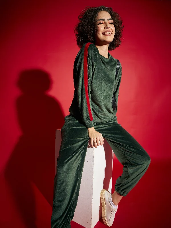 Women Emerald Velour Tape Detail Sweatshirt With Joggers Hoodie with Elastic Cuffs Stretchable Comfortable