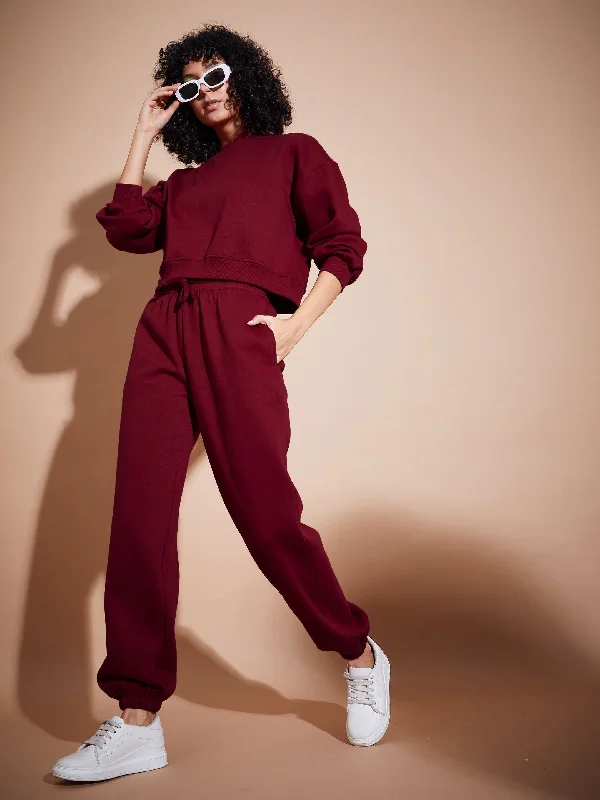 Women Maroon Premium Fleece Oversized Sweatshirt With Joggers Hoodie with Puffed Sleeves Voluminous Trendy