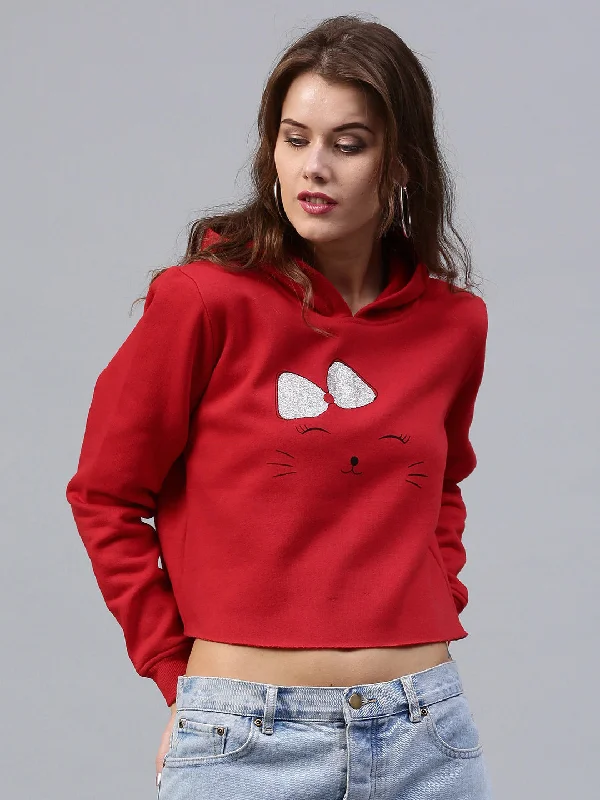 Women Bow Kitty Red Sweatshirt Hoodie with Half-Zip Sporty Casual