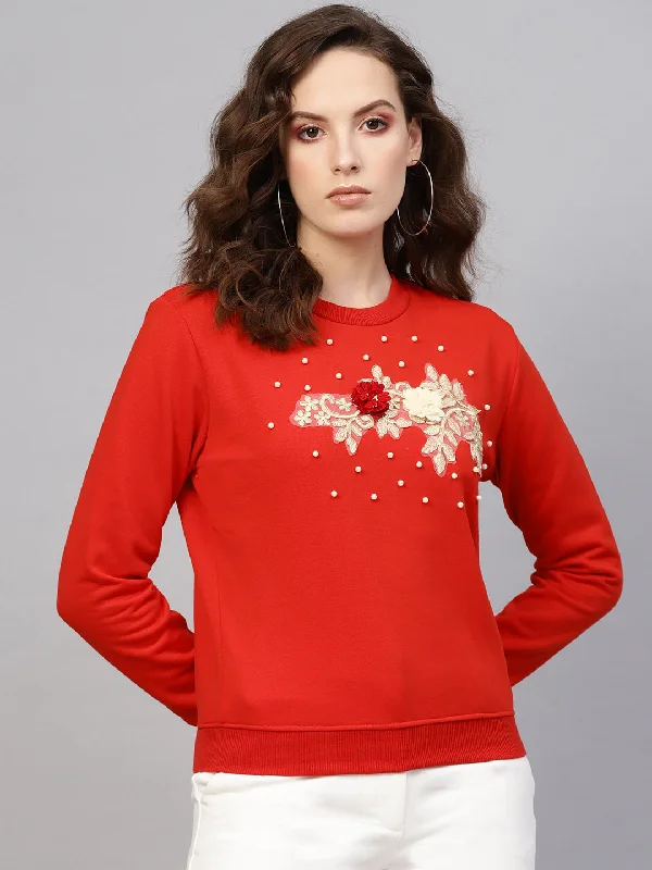 Women Red Floral Front Patch Sweatshirt Hoodie with Full-Zip Functional Layering