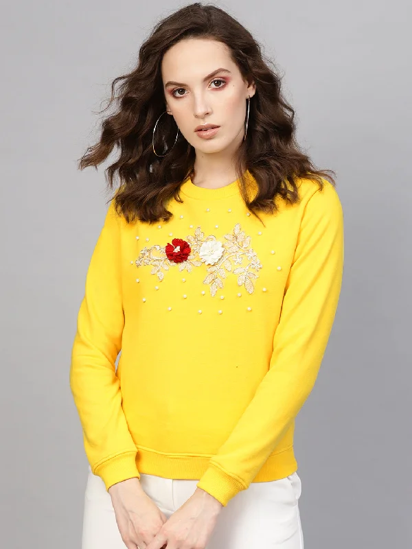 Women Yellow Floral Patch Sweatshirt Hoodie with Magnetic Closure Innovative Modern