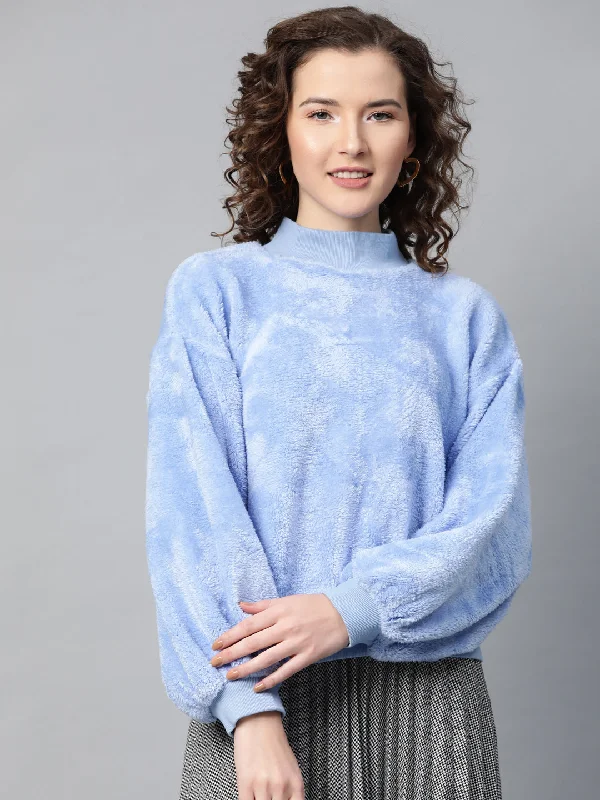 Women Blue Balloon Sleeve Faux Fur Sweatshirt Hoodie with Rolled Sleeves Casual Relaxed