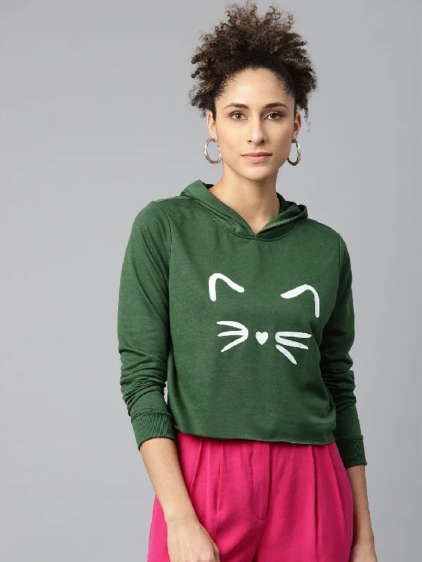 Women Green Kitty Face Crop Hoodie Sweatshirt Hoodie with Mock Neck Collared Structured