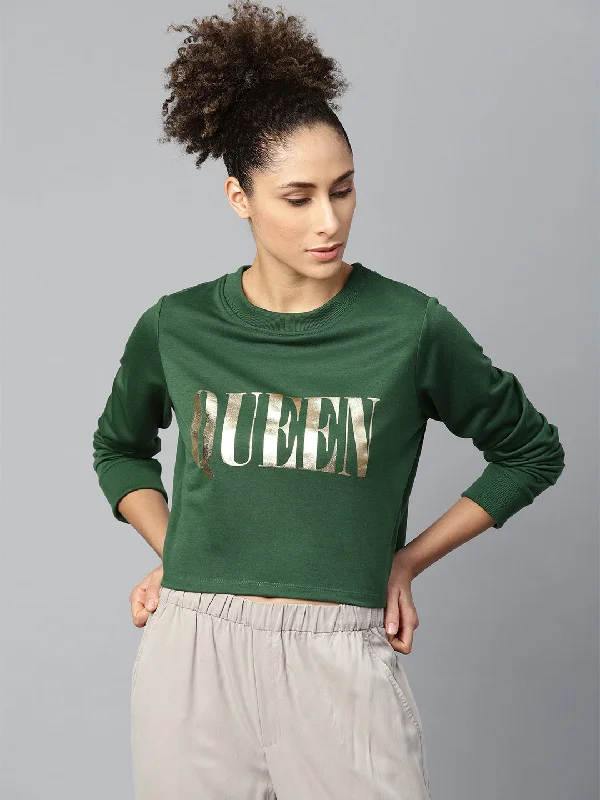 Women Green Queen-Print Crop Sweatshirt Hoodie with Ribbed Neckline Snug Warm