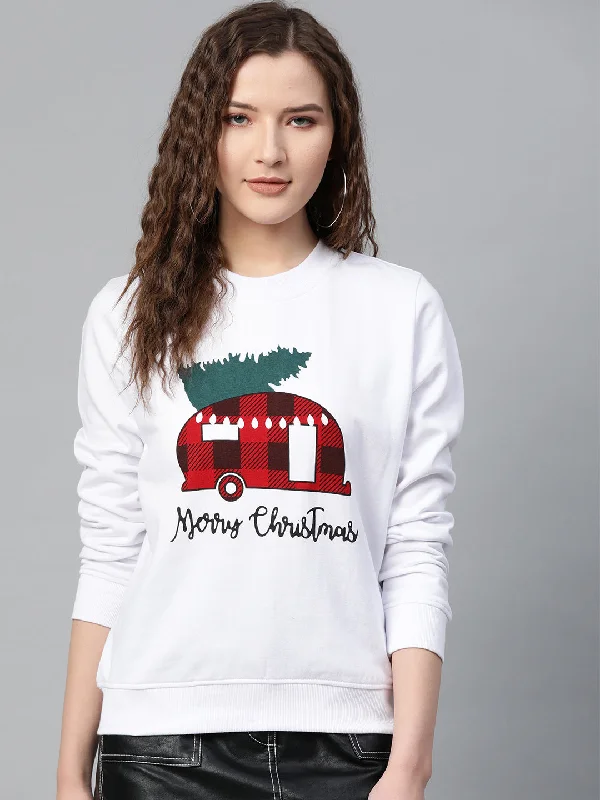 White Merry Christmas Print Sweatshirt Hoodie with Batwing Sleeves Loose Dramatic