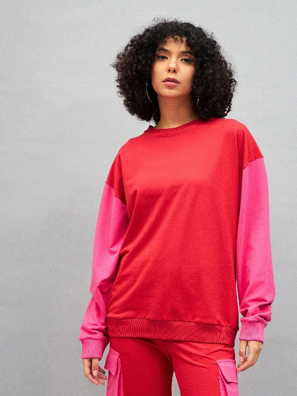 Women Red Knitted ColourBlock Oversize Sweatshirt Hoodie with Elastic Waist Stretchable Comfortable