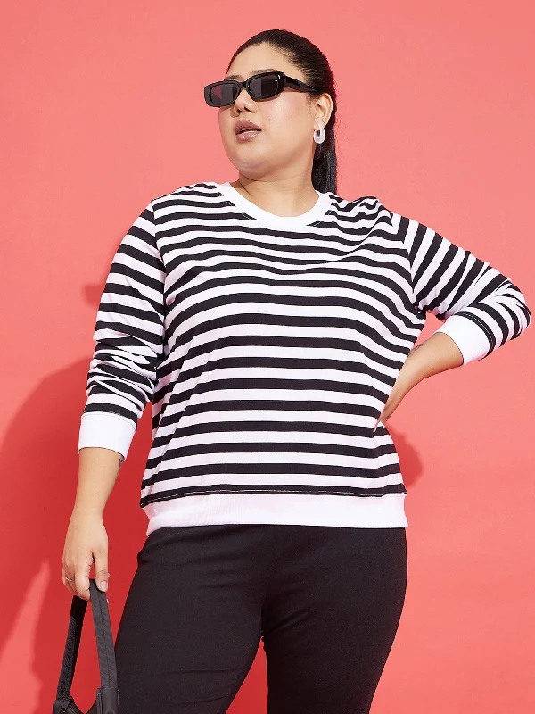 Women Black & White Fleece Striped Sweatshirt Hoodie with Pocket Utility Practical