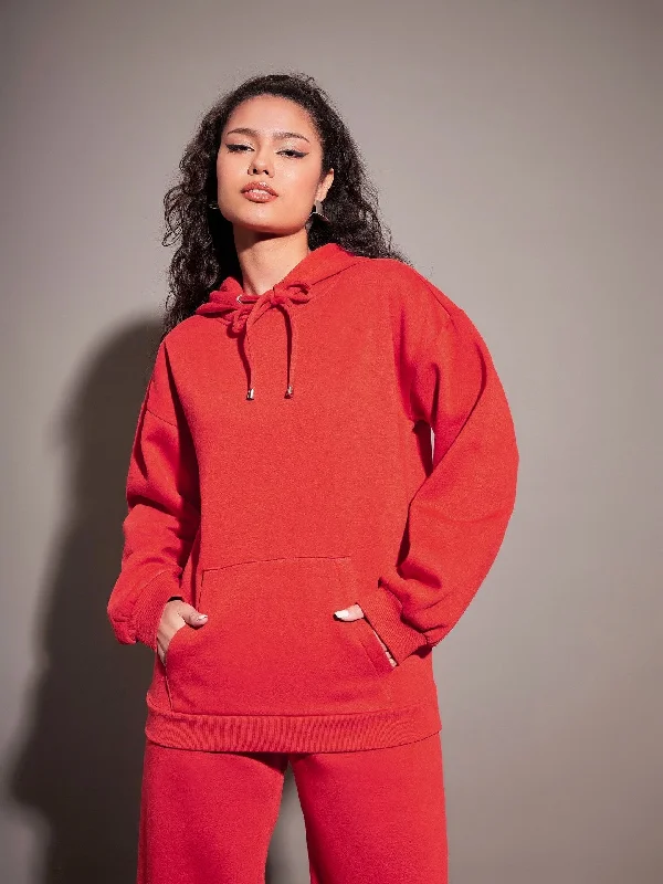 Women Red Fleece Oversized Hoodie Hoodie with Applique Textured Unique