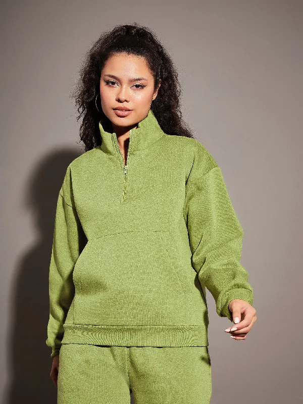 Women Olive Fleece Front Zipper Sweatshirt Hoodie with Earth Tones Natural Calm