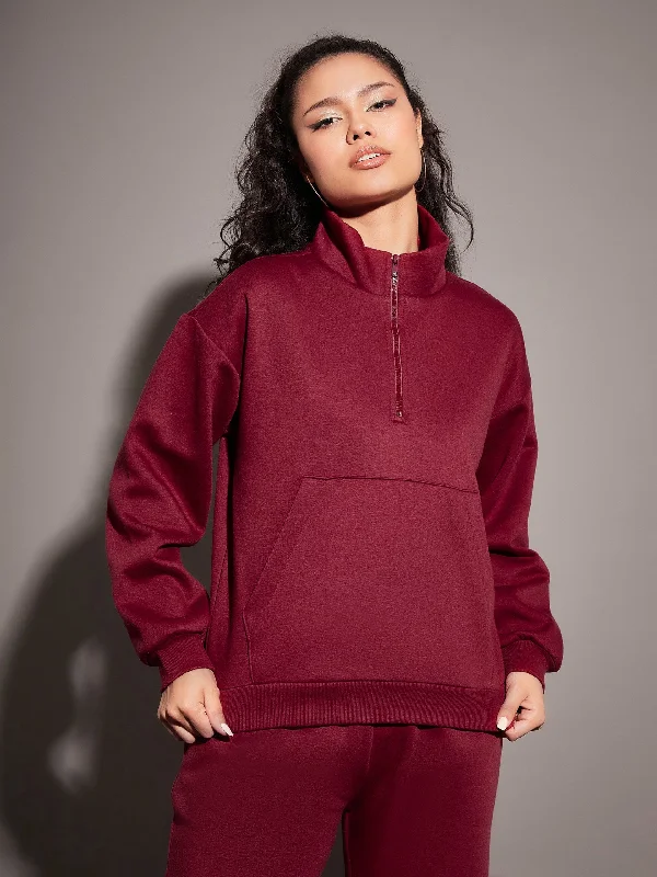 Women Maroon Fleece Front Zipper Sweatshirt Hoodie with Metallic Shiny Futuristic