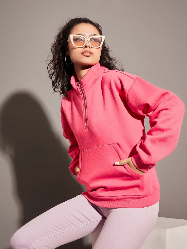 Women Pink Fleece Front Zipper Sweatshirt Hoodie with Lace Feminine Delicate