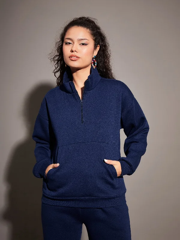 Women Navy Fleece Front Zipper Sweatshirt Hoodie with Contrast Stitching Detailed Premium