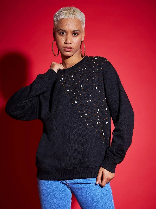 Women Black Terry Pearl Embellished Oversized Sweatshirt Hoodie with Pattern Geometric Abstract