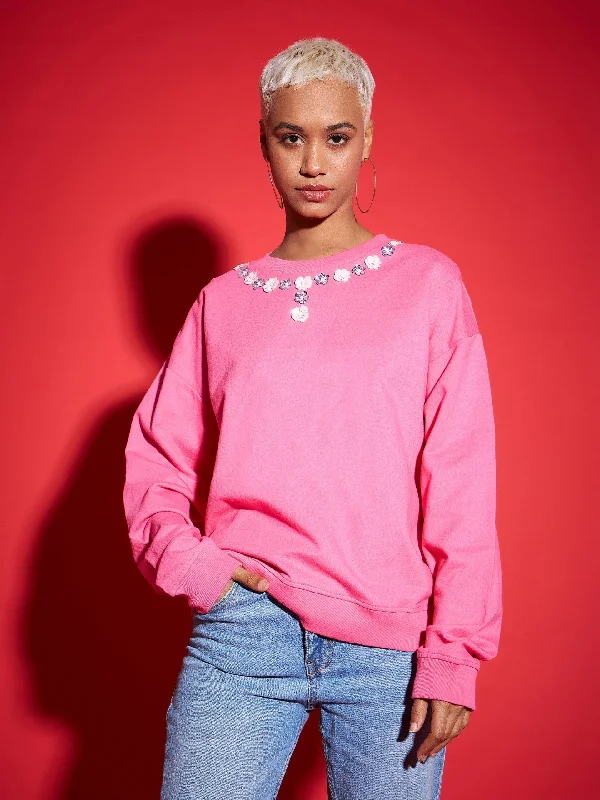 Women Pink Terry Neck Sequin Embellished Oversized Sweatshirt Hoodie with Ribbed Cuffs Snug Fit Comfort