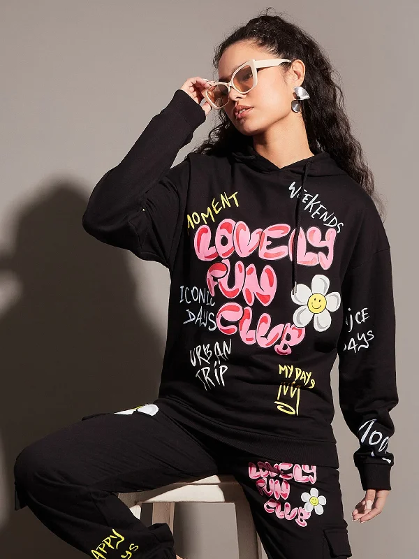 Women Black LOVELY FUN CLUB Hoodie Hoodie with Typography Text Message