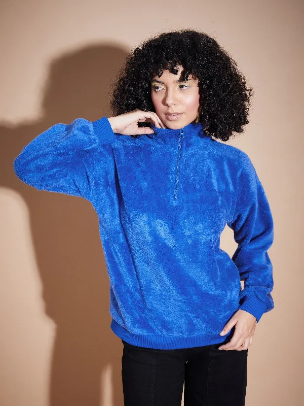 Women Royal Blue Front Zipper High Neck Sweatshirt Hoodie with Strings Custom Fit Adjustable