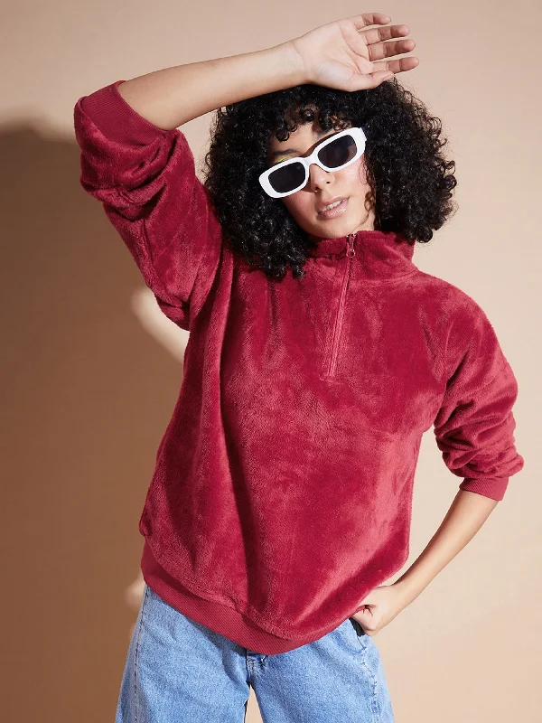 Women Maroon Front Zipper High Neck Sweatshirt Oversized Hoodie Comfort Casual