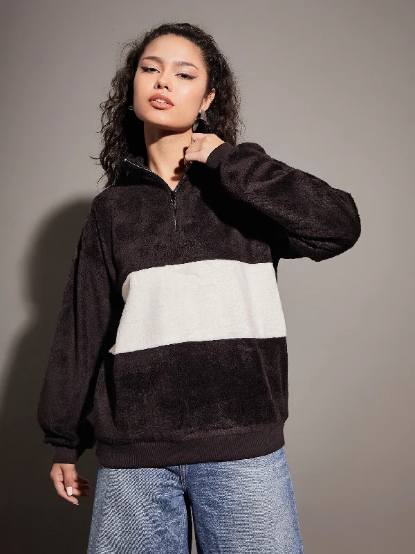 Women Black Fur Colour Block High Neck Sweatshirt Hoodie with High-Low Hem Asymmetrical Trendy