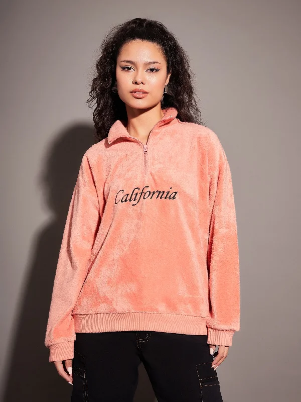 Women Pink Fur CALIFORNIA Embroidered High Neck Sweatshirt Hoodie with Rolled Sleeves Casual Relaxed