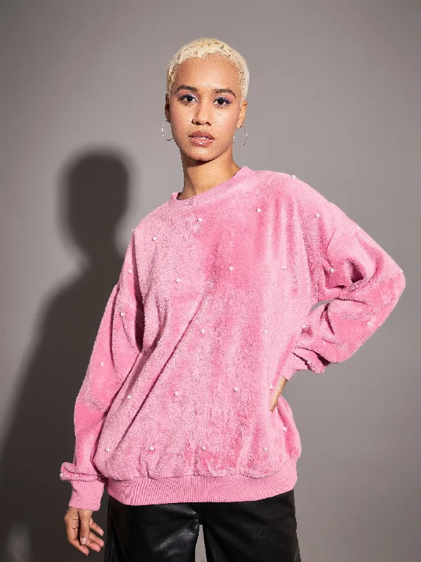 Women Pink Fur Pearl Sweatshirt Hoodie with Drop Shoulder Relaxed Streetwear