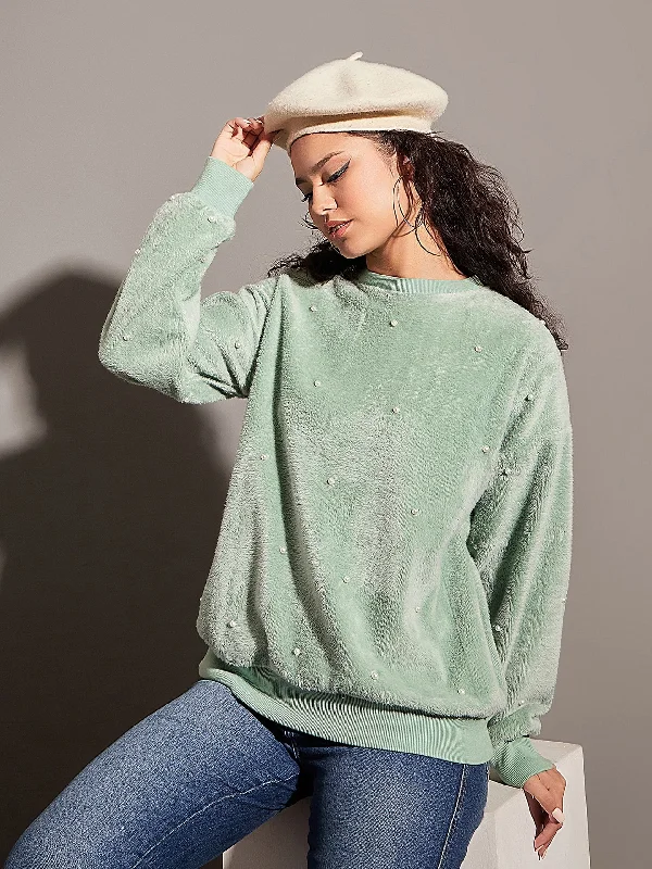 Women Sea Green Fur Pearl Sweatshirt Hoodie with Full-Zip Functional Layering