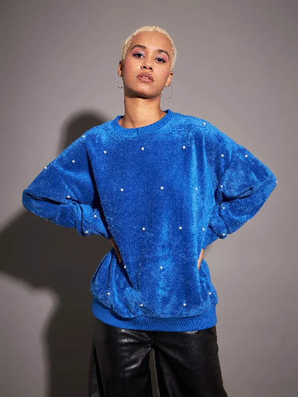 Women Royal Blue Fur Pearl Sweatshirt Hoodie with Exposed Zipper Edgy Industrial