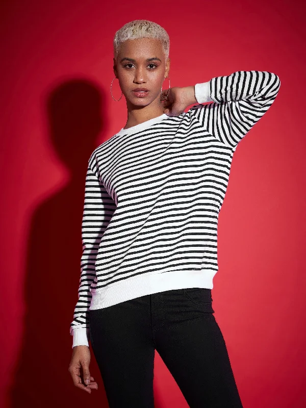 Women Black & White Striped Fleece Sweatshirt Hoodie with Batwing Sleeves Loose Dramatic