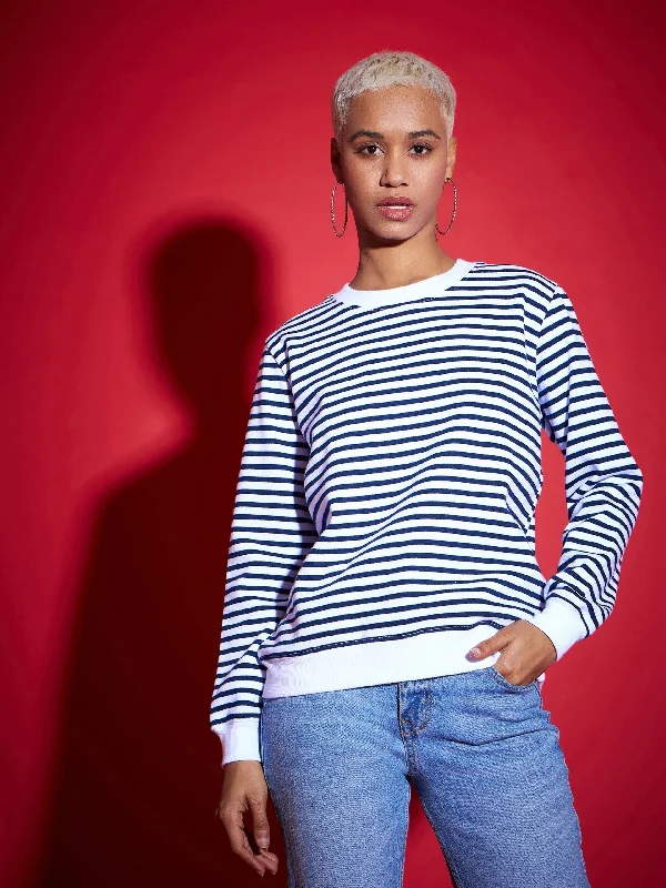 Women Navy & White Striped Fleece Sweatshirt Hoodie with High Neck Warm Protective