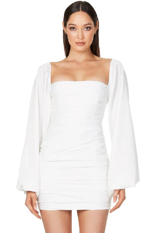 Silky Satin Square Neck Bishop Sleeve Ruched Party Mini Dress - White Casual V-Neck Mini Dress