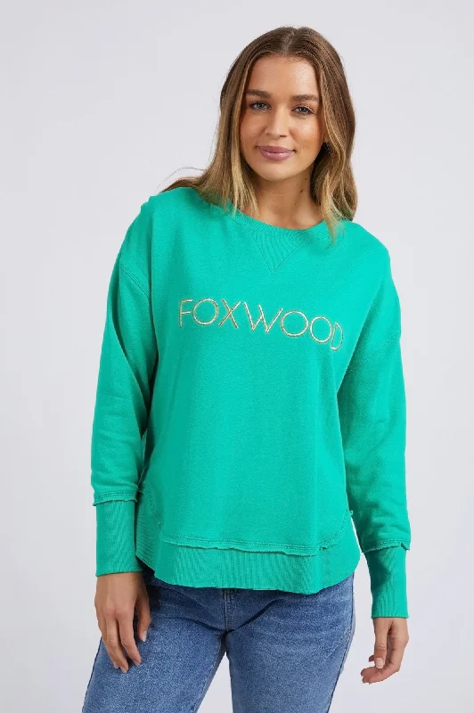 Simplified Metallic Sweatshirt - Green with Gold Logo Hoodie with Hem Fringe Bohemian Relaxed