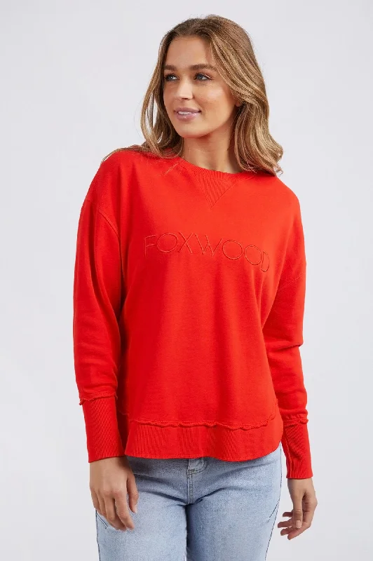Simplified Sweatshirt - Bright Red Hoodie with Hem Raw Edge Edgy Unfinished