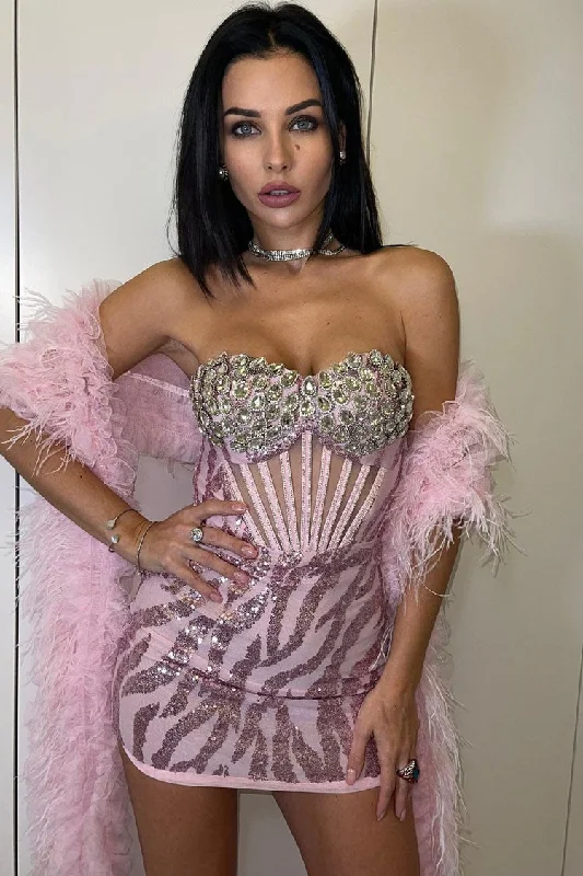 Sparkly Sequin Rhinestone Bustier Mesh Corset Party Mini Dress - Pink Comfortable Casual Mini Dress