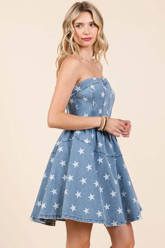 Star Denim Mini Dress Casual V-Neck Mini Dress