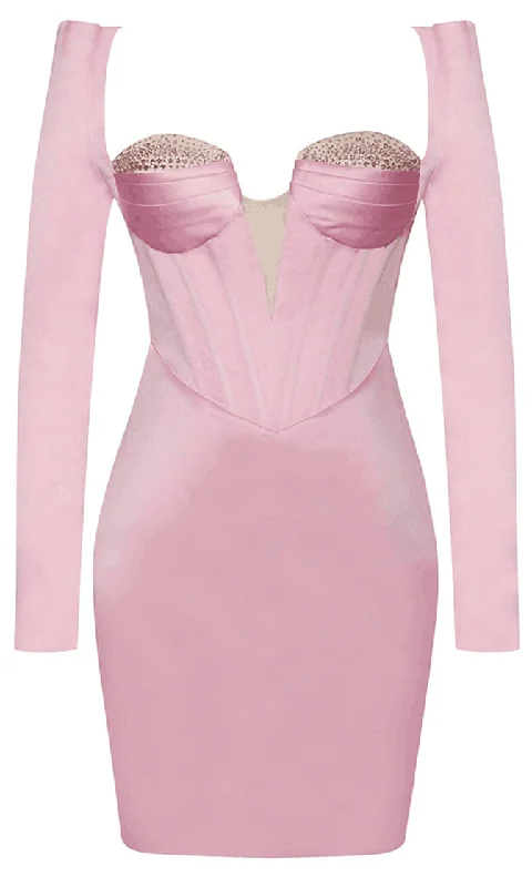 Straight To The Heart<br><span> Pink Long Sleeve Sequin Trim Bustier Plunge V Neck Cut Out Back Bodycon Mini Dress</span> Modern Satin Mini Dress