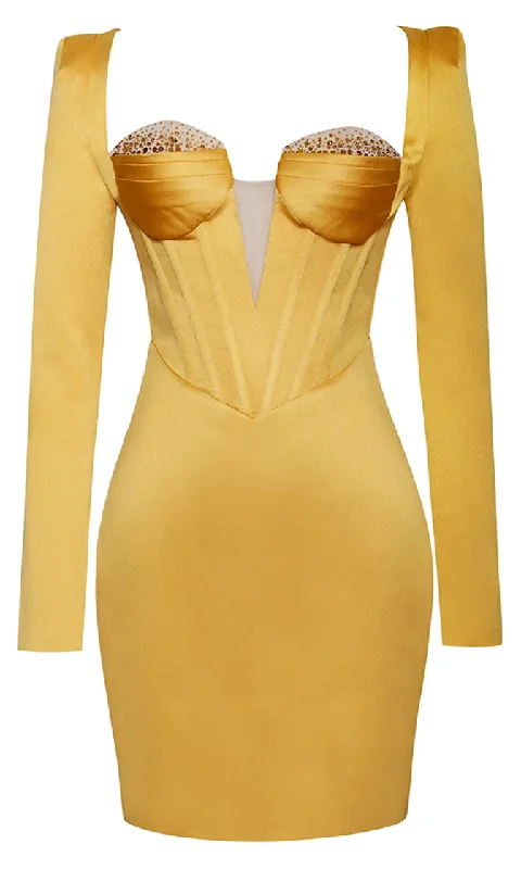 Straight To The Heart<br><span> Yellow Long Sleeve Sequin Trim Bustier Plunge V Neck Cut Out Back Bodycon Mini Dress</span> Comfortable One-Shoulder Mini Dress