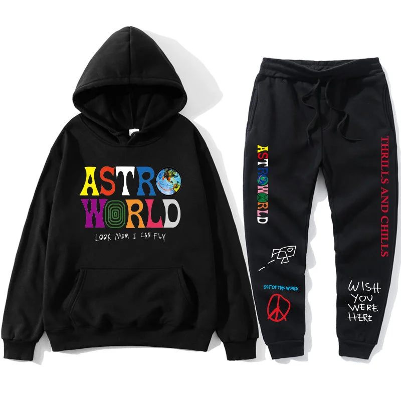 TRAVIS SCOTT ASTROWORLD  HOODIES  Print  men's Pullover Sweatshirt Hoodie Sports Pants Hoodie with Fur Luxurious Winter