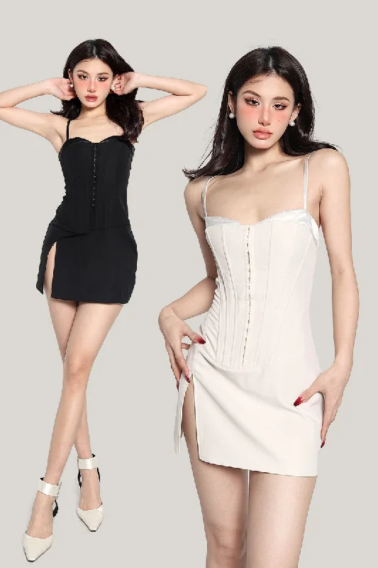 Trina Solod Color Spaghetti Strap Corset Side Split Mini Dress Cozy Cotton Mini Dress