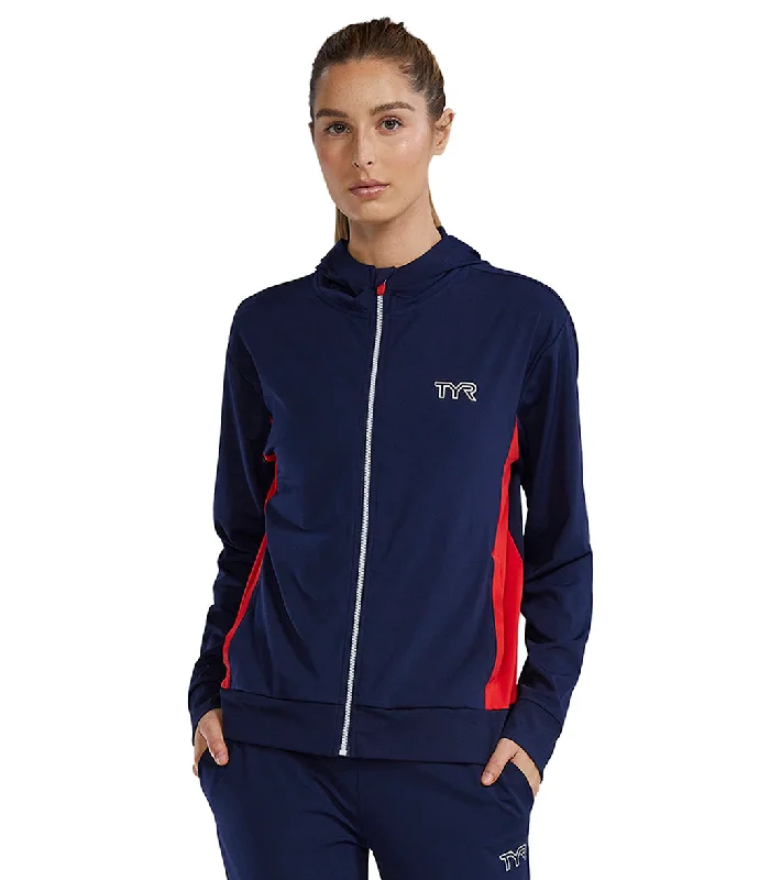 TYR Women's Tech Full Zip Hoodie Red/White/Blue Hoodie with Button Placket Classic Preppy