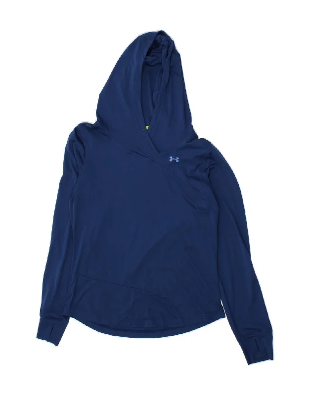 UNDER ARMOUR Womens Fitted Hooded Top Long Sleeve UK 14 Large Navy Blue Hoodie with Contrast Stitching Detailed Premium