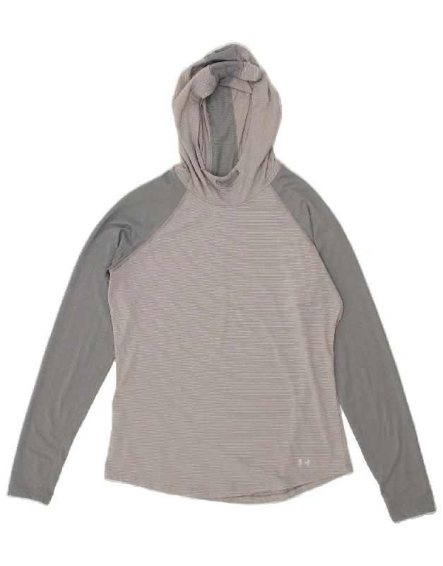 UNDER ARMOUR Womens Hooded Top Long Sleeve UK 14 Medium Grey Colourblock Hoodie with Frayed Bohemian Relaxed