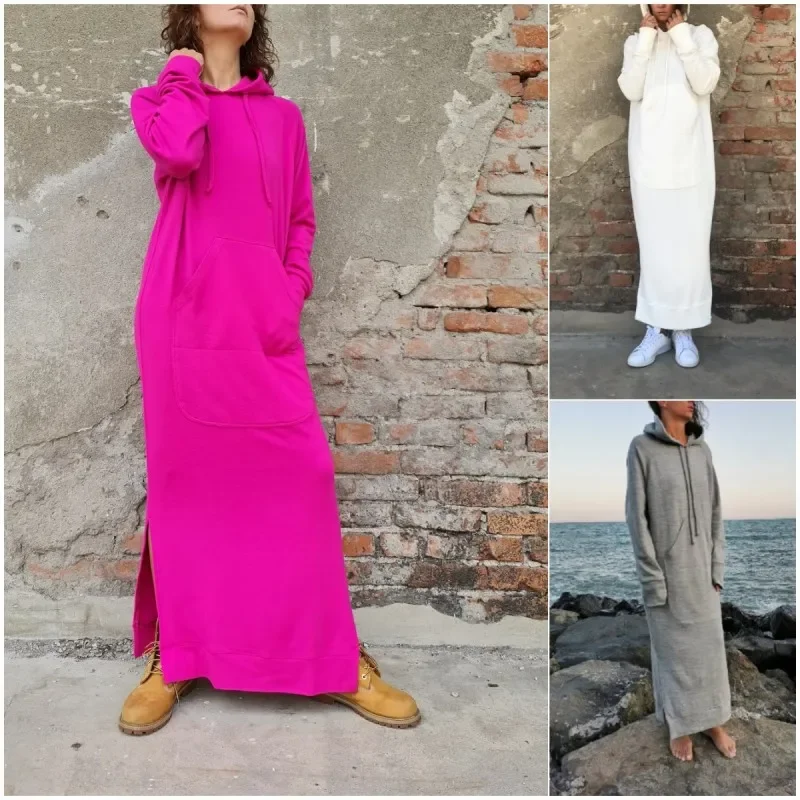 Women Ramadan /Eid Loose Casual Solid Color Knitted Hooded Long Sleeve Sweatshirt Plus Size Dress Hoodie with Crew Neck Simple Timeless