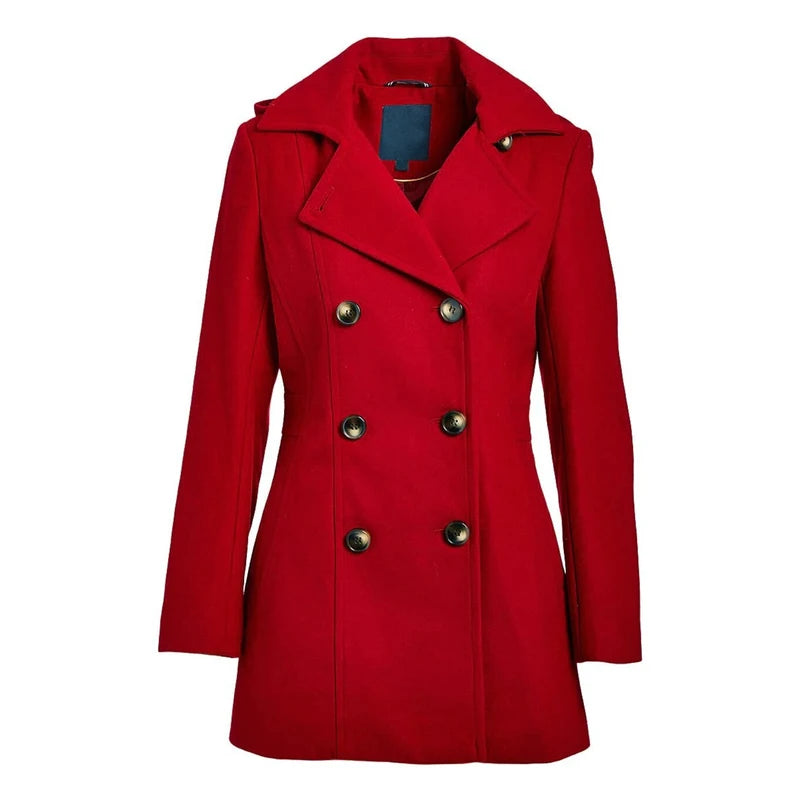 Women Red Wool Double Breasted Coat with Hoodie Hoodie with Half-Zip Sporty Casual